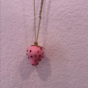 LONG Betsey Johnson Pink Strawberry Pendant Necklace with Gold Tone Chain